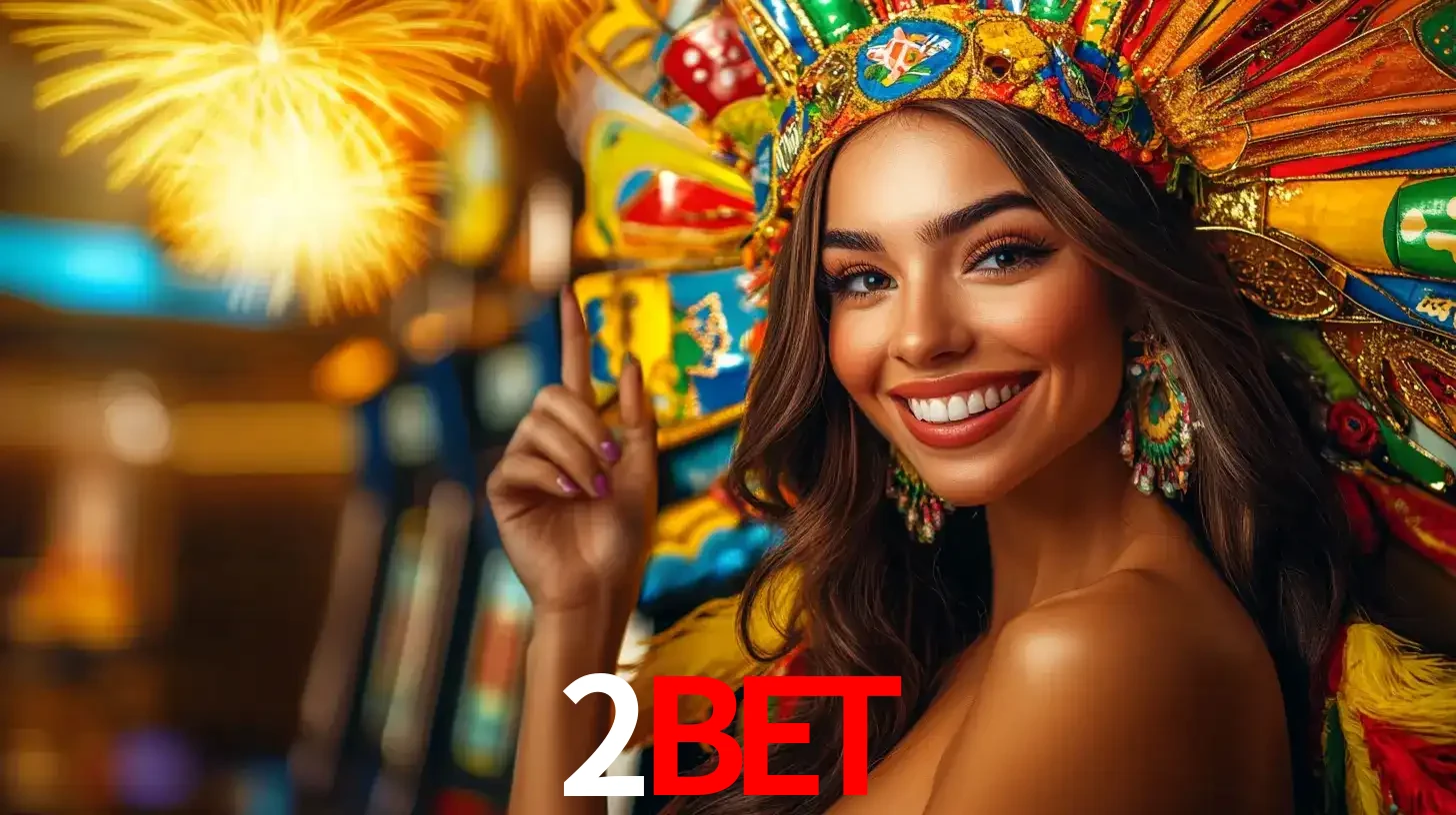 Mulher sorridente com um cocar de carnaval vibrante e colorido, celebrando uma grande vitória nos jogos do cassino 2BET com fogos de artifício ao fundo.