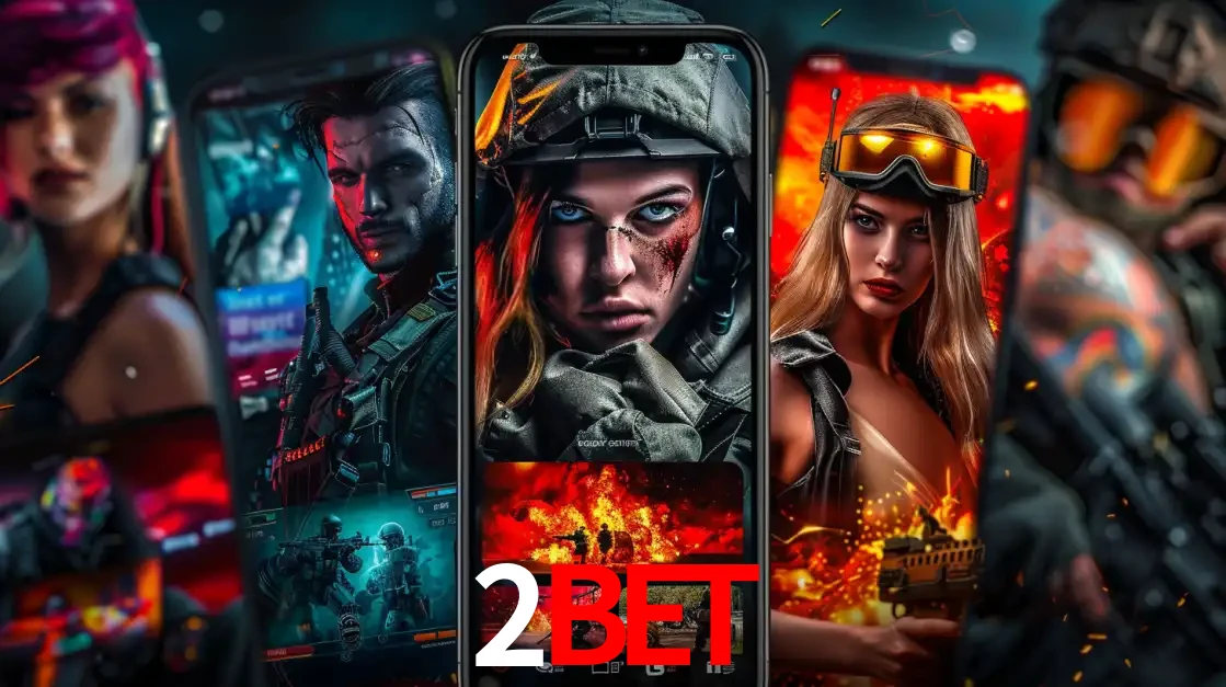 Montagem de telas de celular mostrando diversos personagens, masculinos e femininos, de um jogo de tiro, ilustrando a diversidade de equipes de e-sports para apostar no 2BET.