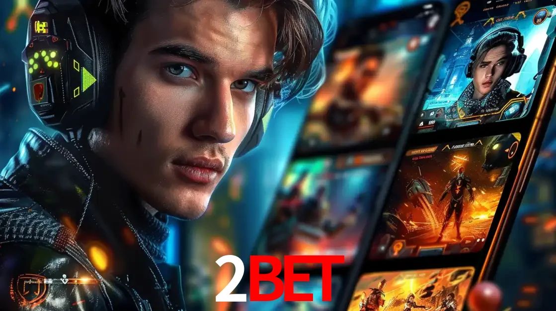 Jovem jogador com fones de ouvido olhando para a câmera, com um aplicativo de jogos e e-sports para celular ao fundo, pronto para a competição e apostas no 2BET.