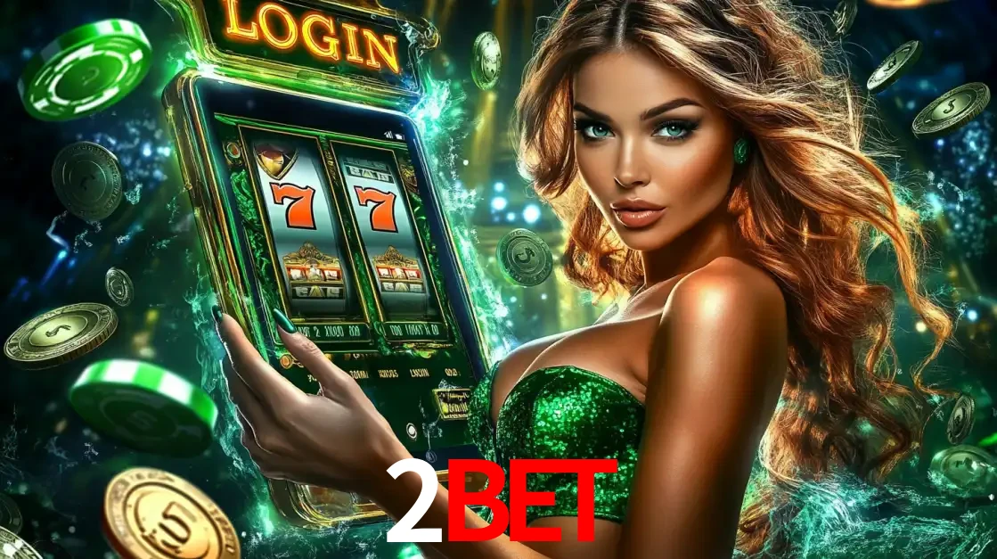Mulher com tema verde apresentando o aplicativo do cassino 2BET com um jogo de slot de 777, cercada por fichas de cassino e uma aura de sorte.