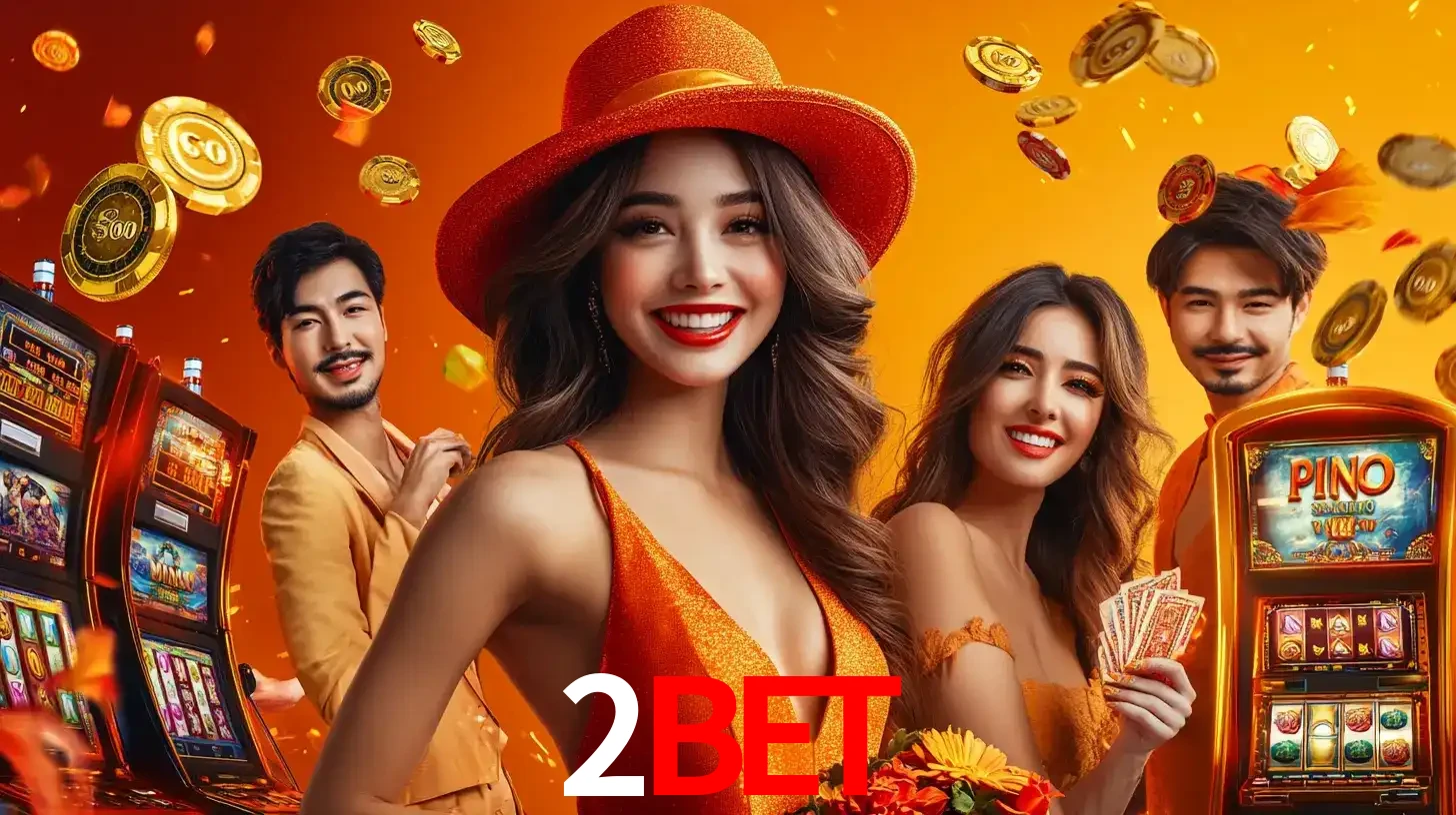 Grupo de amigos asiáticos sorrindo e se divertindo com máquinas de caça-níqueis em um ambiente festivo, celebrando suas vitórias nos jogos de cassino do 2BET.