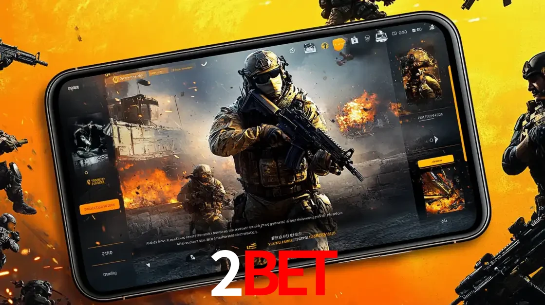 Um smartphone exibindo a interface de um jogo de tiro em primeira pessoa, com um soldado em um cenário de batalha, representando a ação dos e-sports para apostar no 2BET.