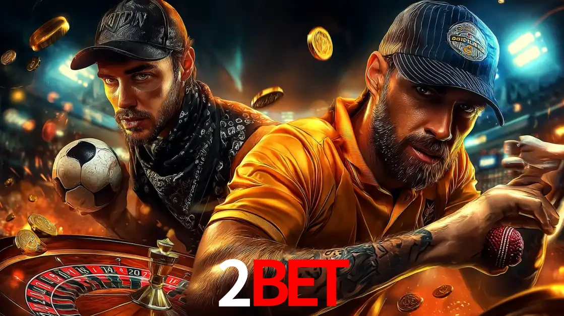Montagem de apostas esportivas e cassino no 2BET, com um homem segurando uma bola de futebol e outro uma de beisebol sobre uma roleta e moedas voadoras.