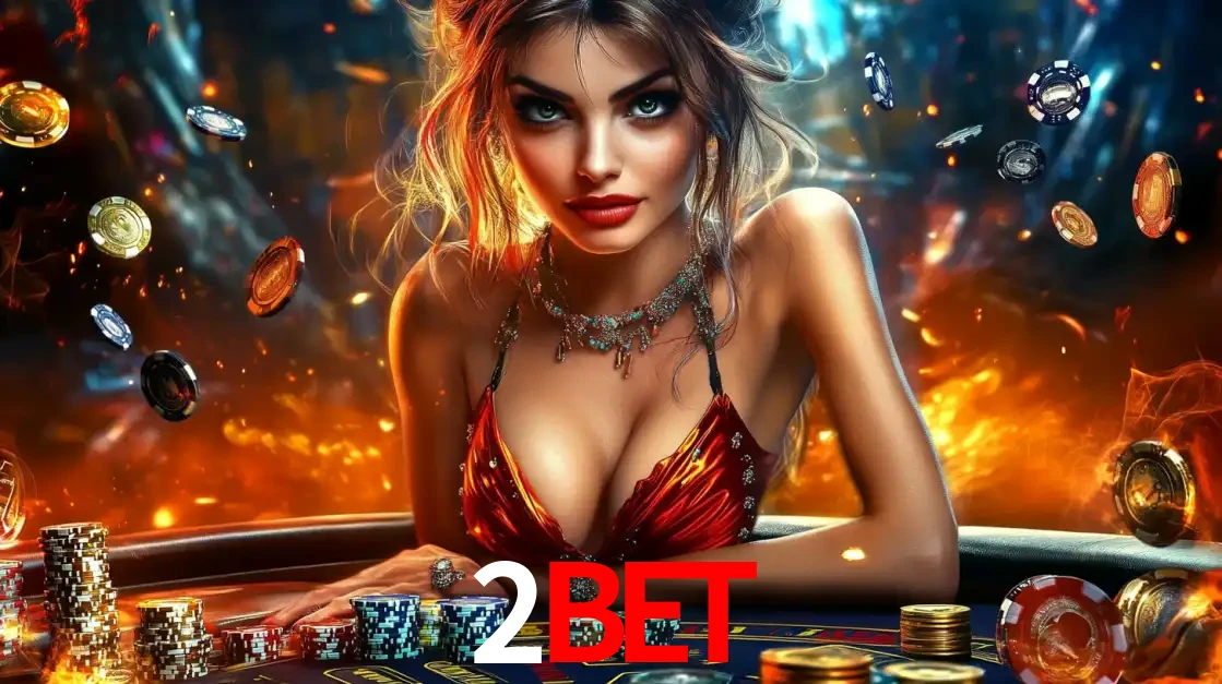 Mulher em uma mesa de cassino com pilhas de fichas e um fundo de fogo, pronta para uma rodada de altas apostas nos jogos de mesa emocionantes do cassino 2BET.