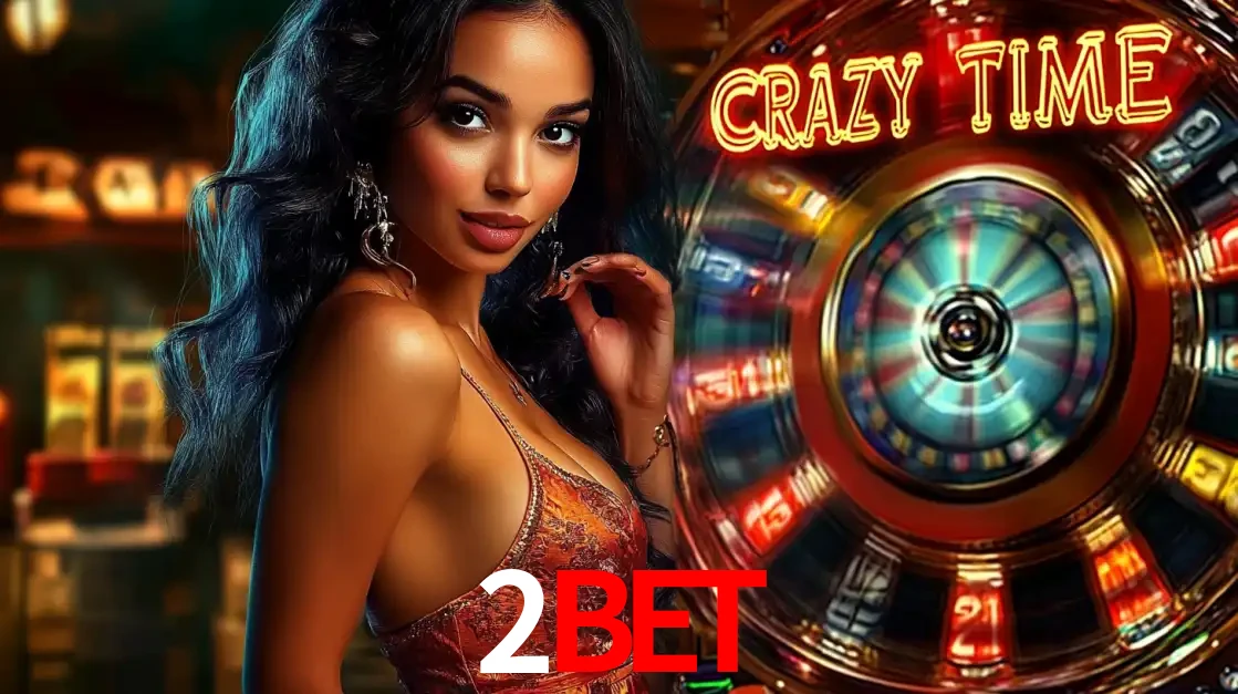 Mulher elegante ao lado da vibrante roda da fortuna do jogo de cassino ao vivo Crazy Time, um dos game shows mais populares e cheios de prêmios do 2BET.