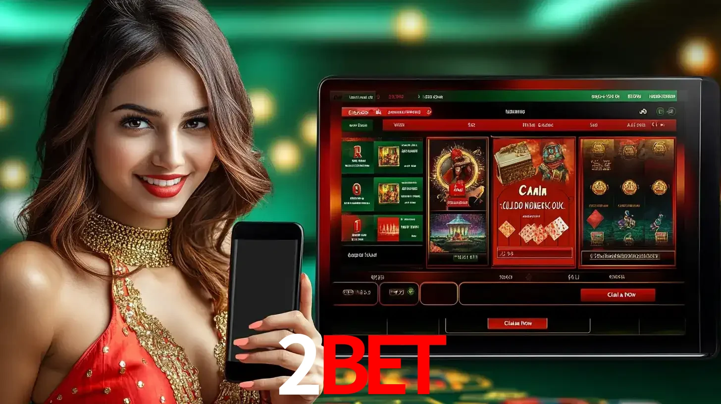 Mulher sorridente segurando um smartphone, ao lado de uma tela exibindo o lobby de jogos do cassino online 2BET, com várias opções de jogos de cartas e slots.
